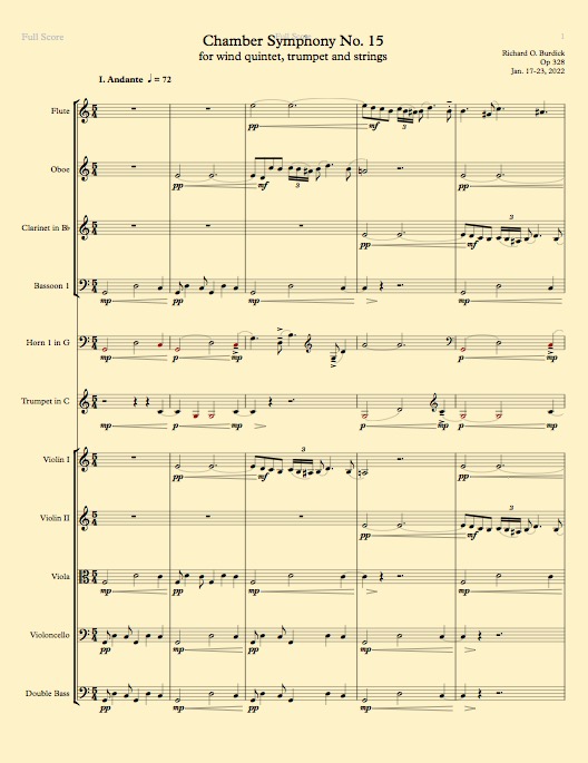 Sheeet music for Richar dBurdick Chamber Symphony No. 15 m.1